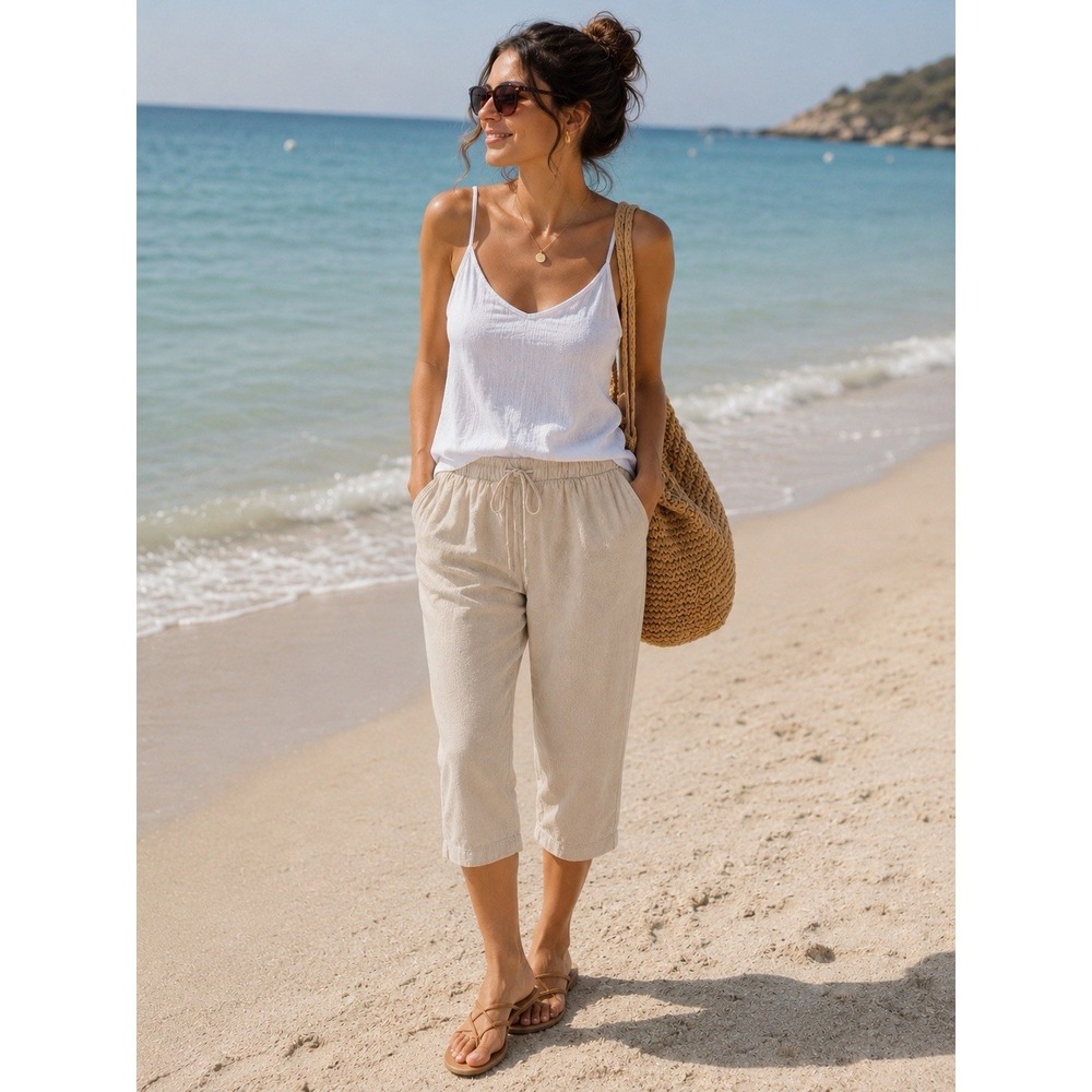 ZARA Linen Blend Capri Pants S Beige Coastal Quiet Luxury Pull On Beach Casual